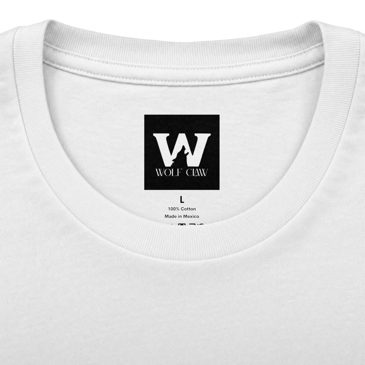 White crew tee neckline with Wolf Claw brand logo label and cotton info