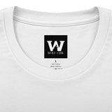White crew tee neckline with Wolf Claw brand logo label and cotton info
