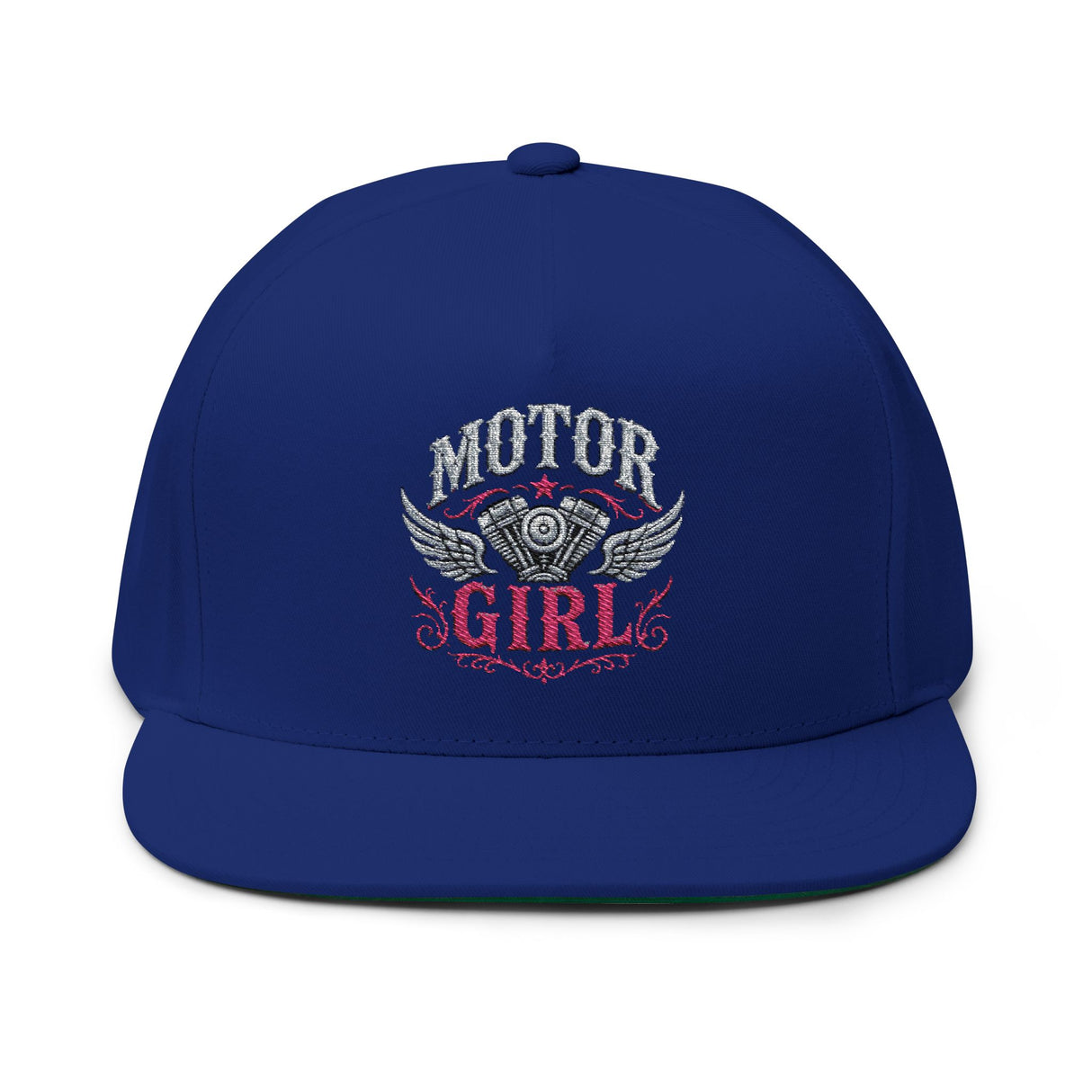 Motor Girl Embroidered Flat Bill Cap — Women's Biker Snapback Hat