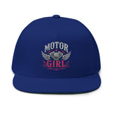 Motor Girl Embroidered Flat Bill Cap — Women's Biker Snapback Hat
