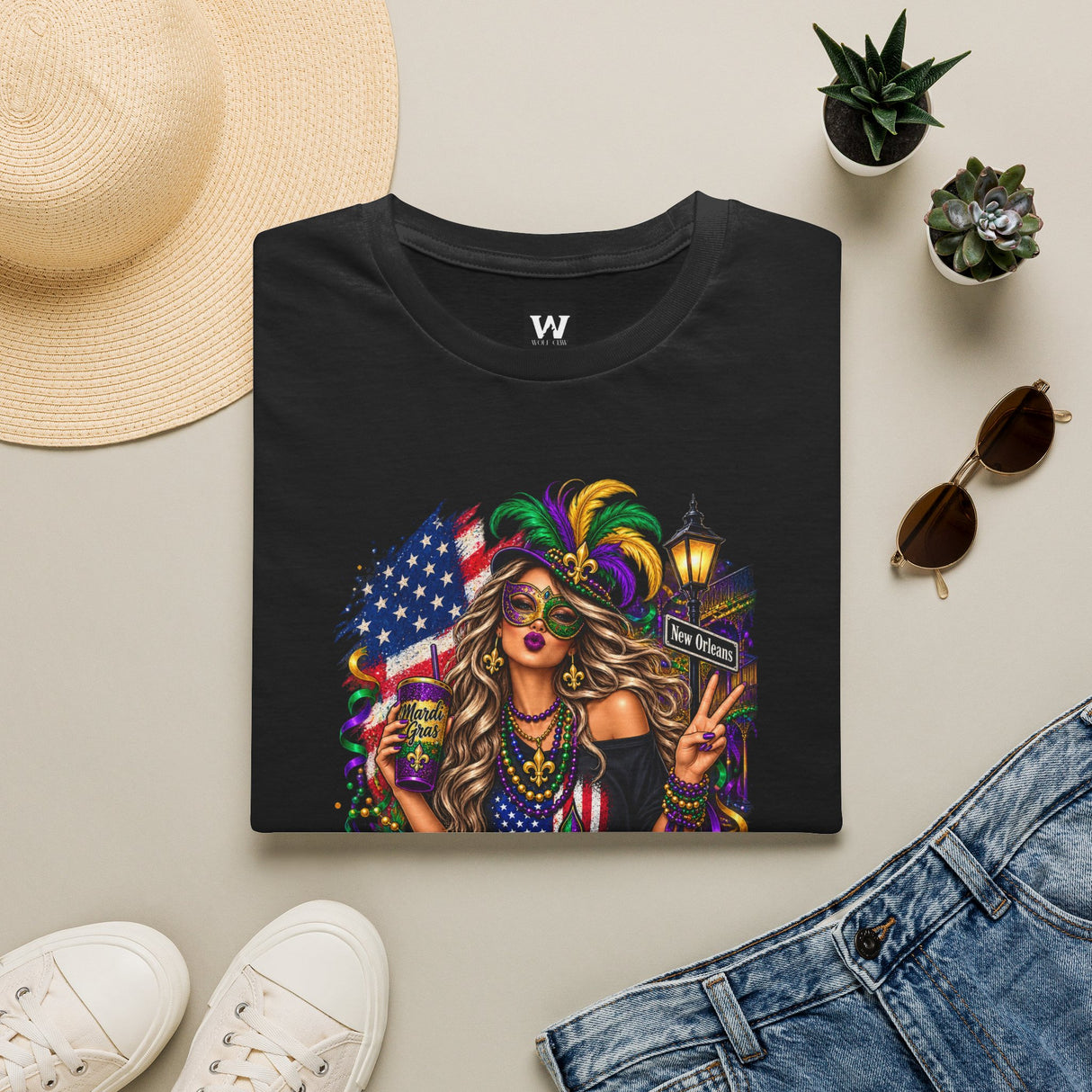 Black T-shirt with colorful Mardi Gras queen and American flag graphic on front