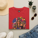 Red Mardi Gras T-shirt with mardi gras queen and American flag graphic on front.