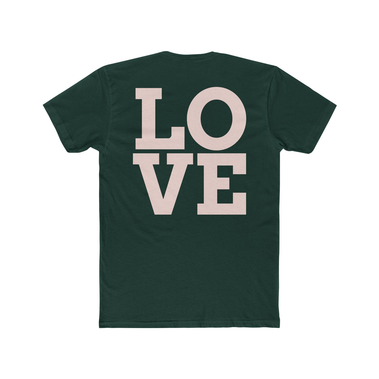 Dark green crew tee with large LOVE graphic in pink on the chest.