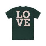 Dark green crew tee with large LOVE graphic in pink on the chest.
