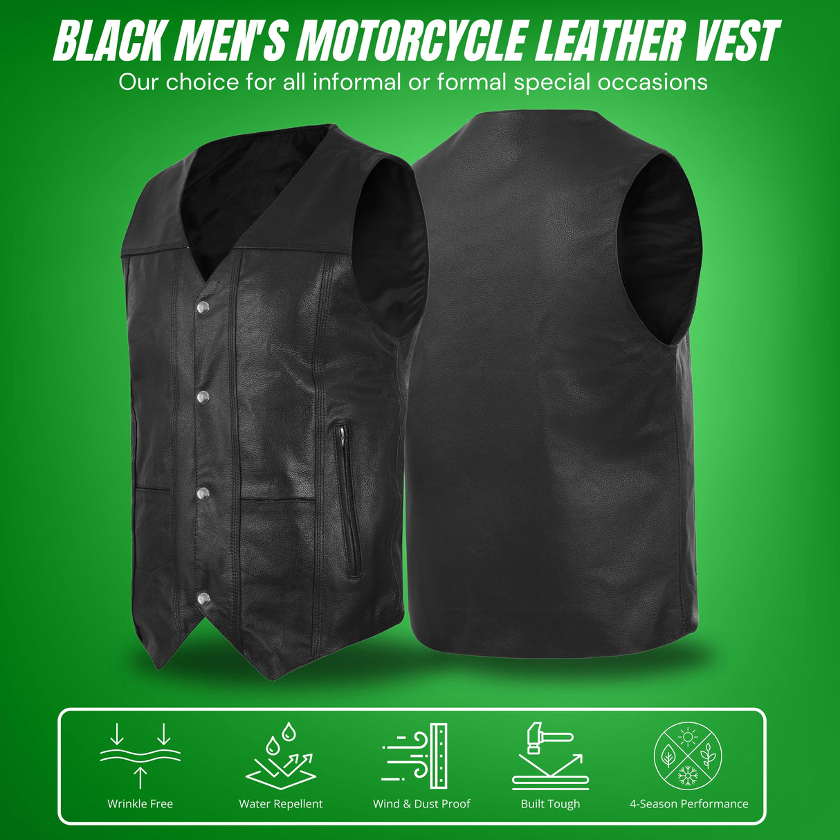 Men's Black Leather Classic V-Neck Motorcycle Rider Vest