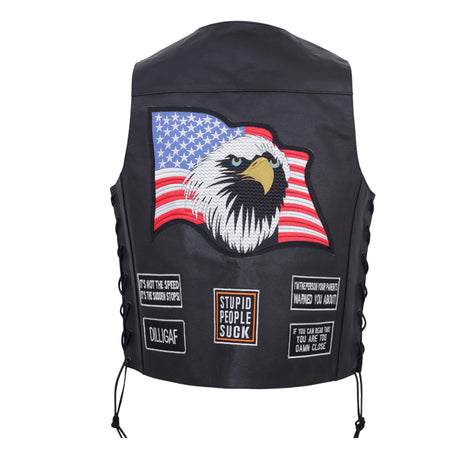 Men's Side Lace Eagle & Flag Pre-Patched Leather Vest