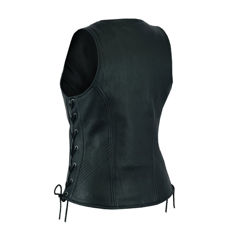 Women's Black ‘Open Neck’ Motorcycle Side Laces Leather Vest