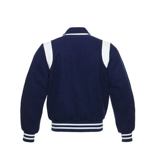 Navy Blue Wool Varsity Jacket With white Shoulder Inserts