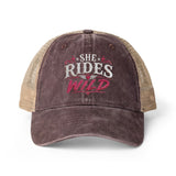 Women's Washed Mesh-Back Cap She Rides Wild Embroidered
