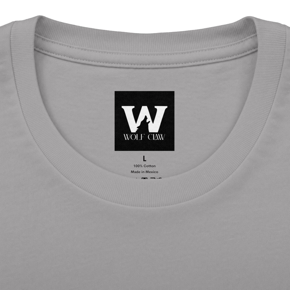 Heather grey crew tee neckline with Wolf Claw logo patch and size tag