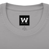 Heather grey crew tee neckline with Wolf Claw logo patch and size tag