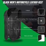 Men's Black Leather Classic V-Neck Motorcycle Rider Vest