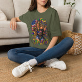 Military green T-shirt with colorful Mardi Gras queen and American flag graphic
