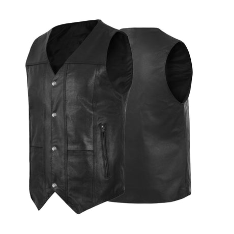 Men's Black Leather Classic V-Neck Motorcycle Rider Vest
