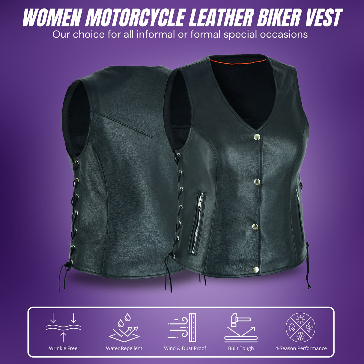 Black Women's Lace up side leather motorcycle vest