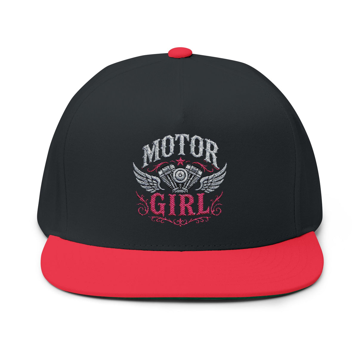 Motor Girl Embroidered Flat Bill Cap — Women's Biker Snapback Hat
