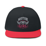 Motor Girl Embroidered Flat Bill Cap — Women's Biker Snapback Hat
