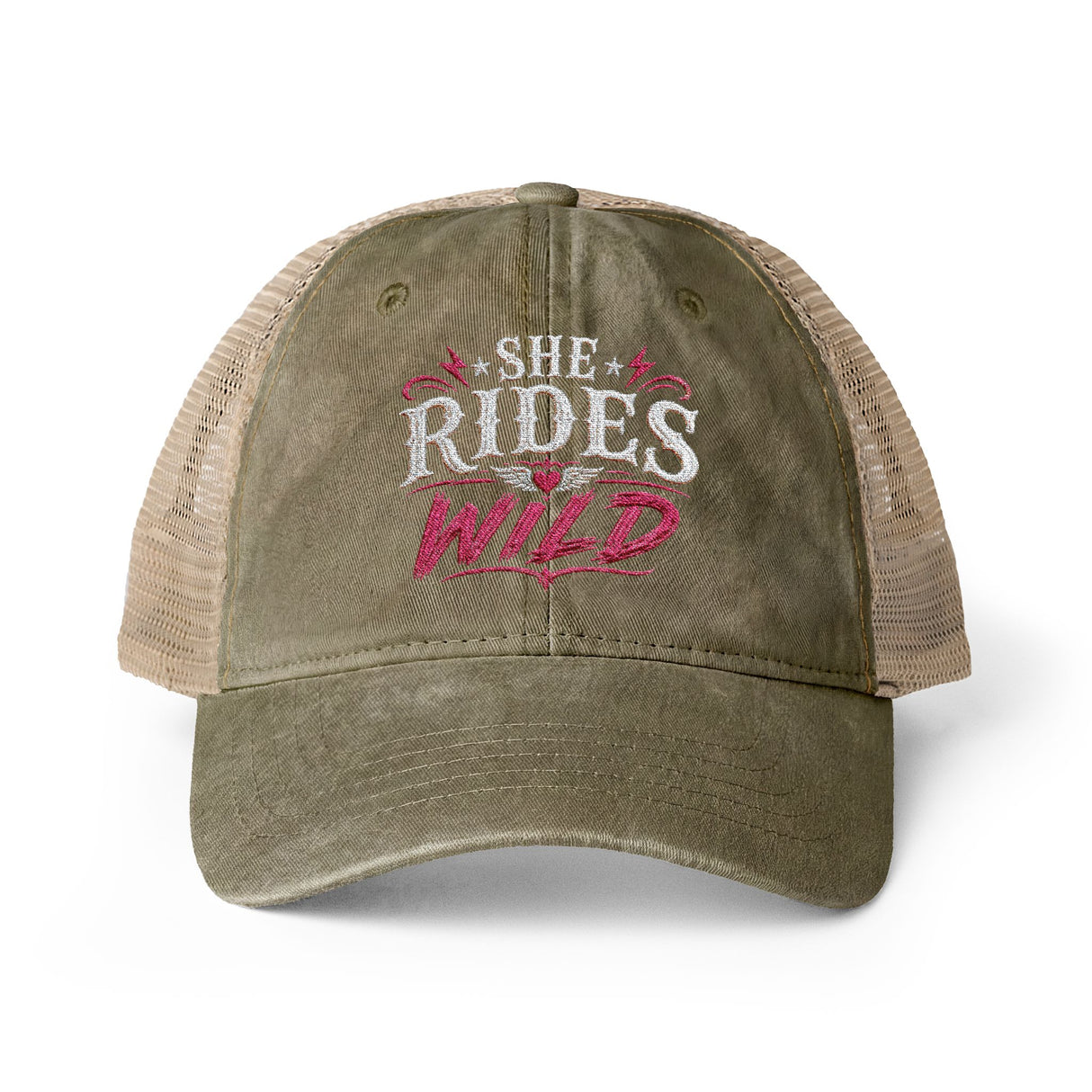 Women's Washed Mesh-Back Cap She Rides Wild Embroidered