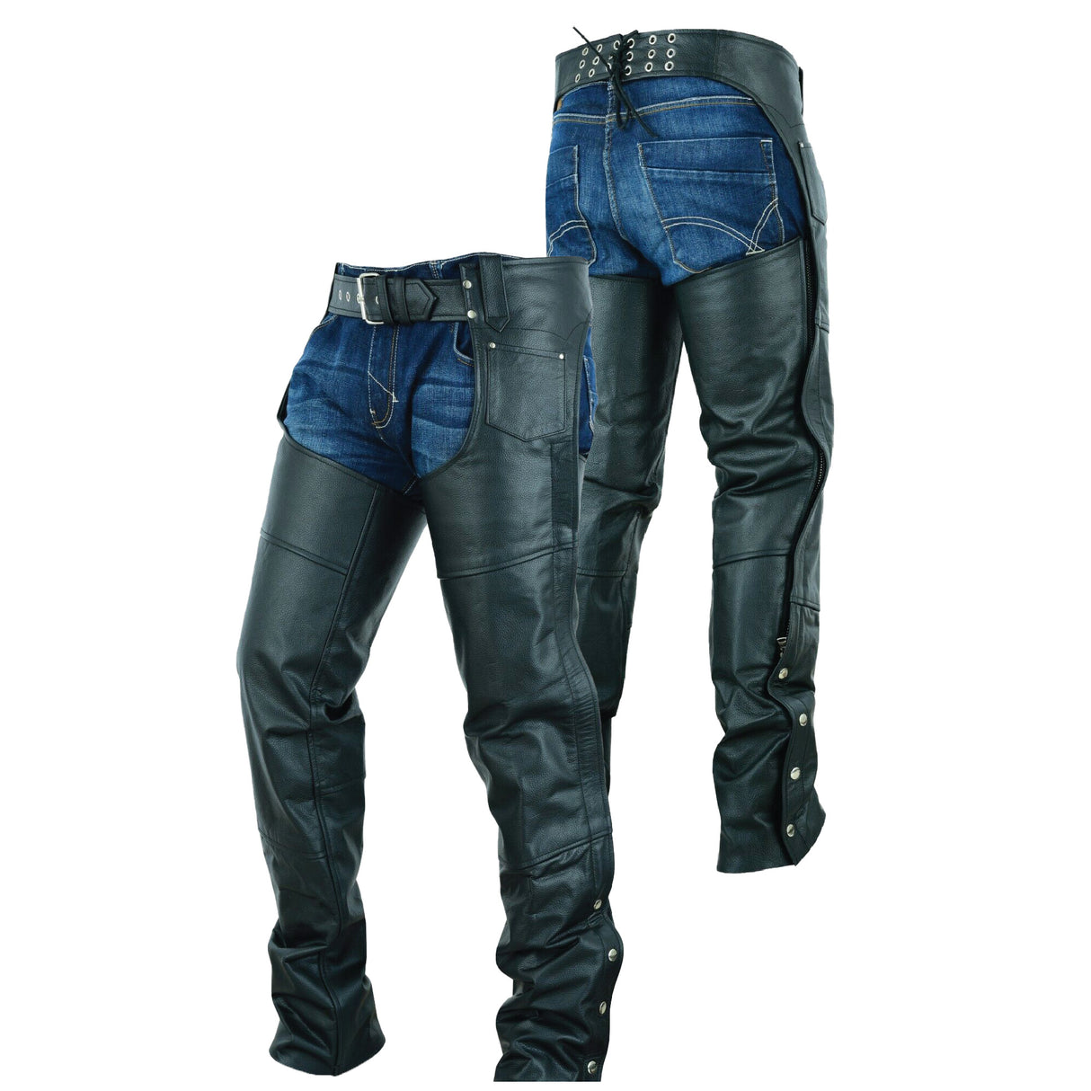 Basic Classic Style Leather Motorcycle Chap for Motorcycle Riding Plain Easy Fit Black
