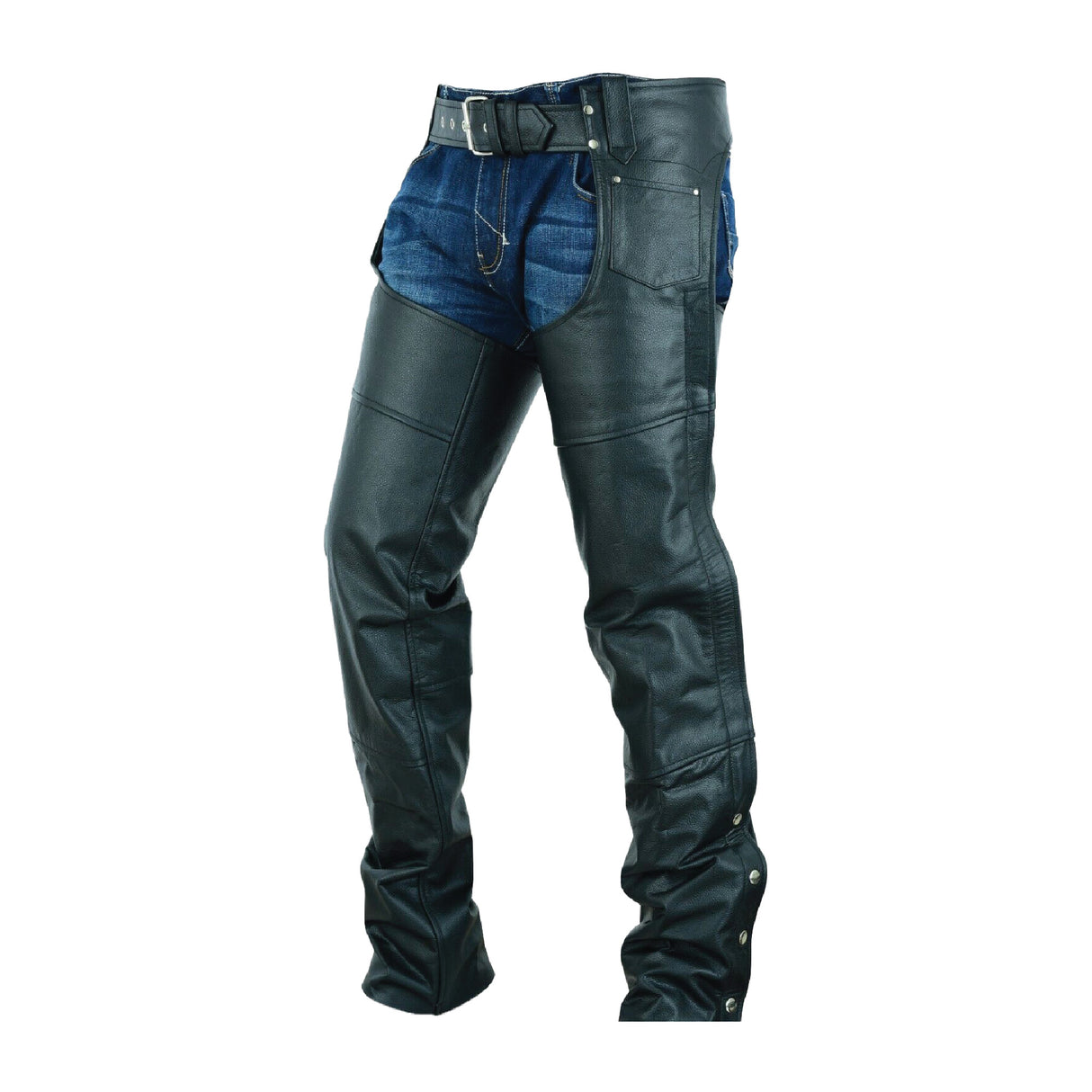 Basic Classic Style Leather Motorcycle Chap for Motorcycle Riding Plain Easy Fit Black