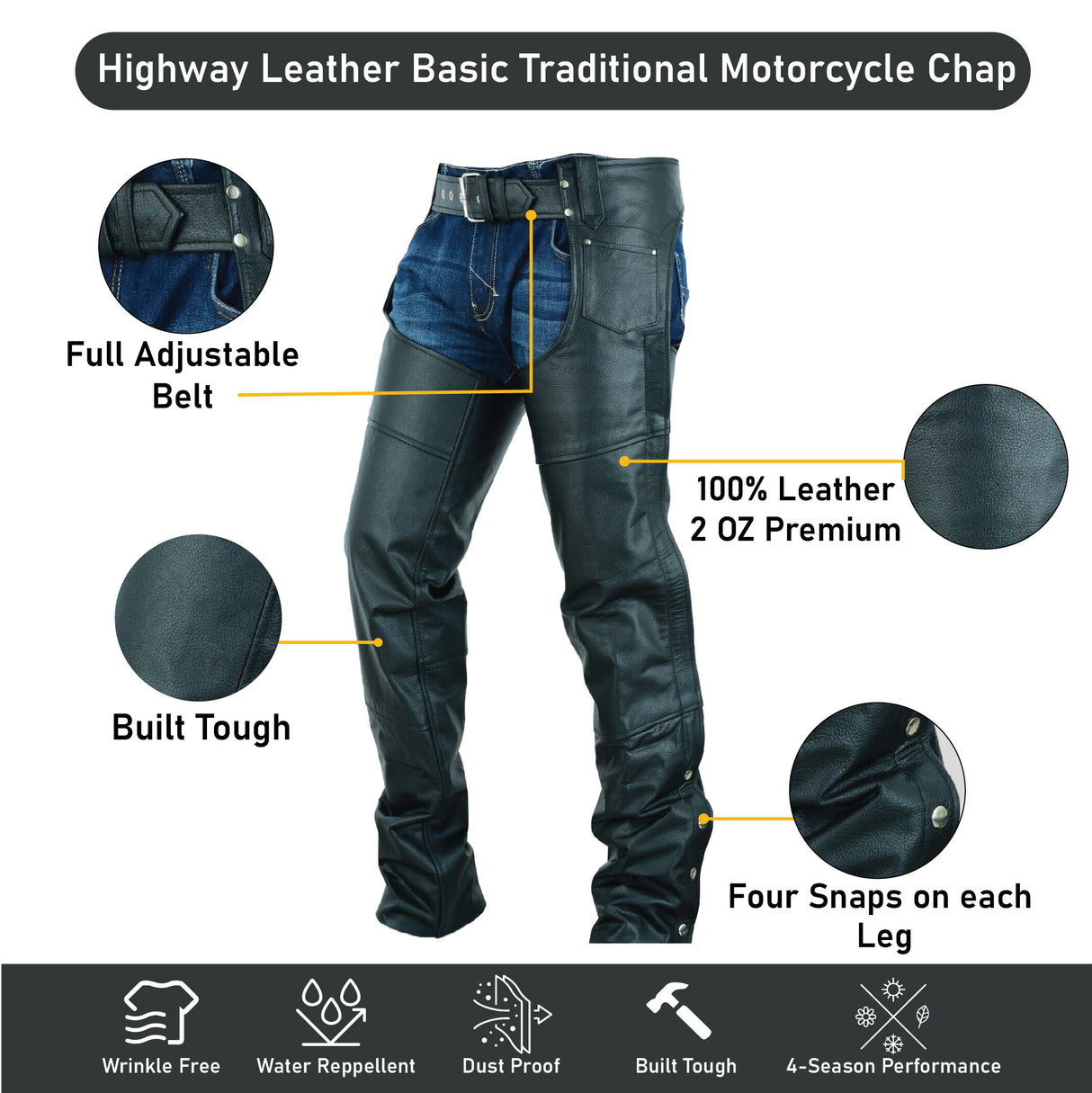 Basic Classic Style Leather Motorcycle Chap for Motorcycle Riding Plain Easy Fit Black