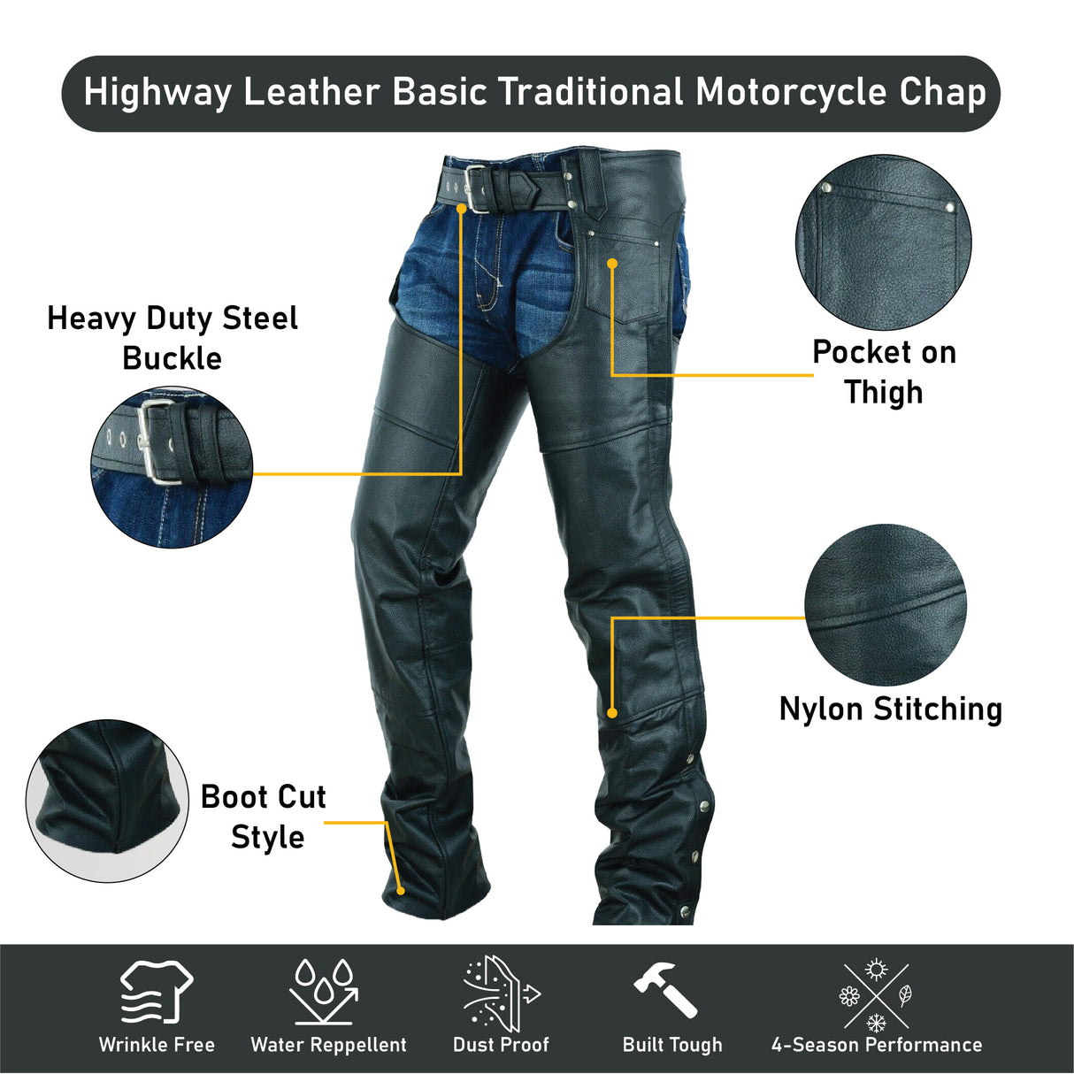 Basic Classic Style Leather Motorcycle Chap for Motorcycle Riding Plain Easy Fit Black
