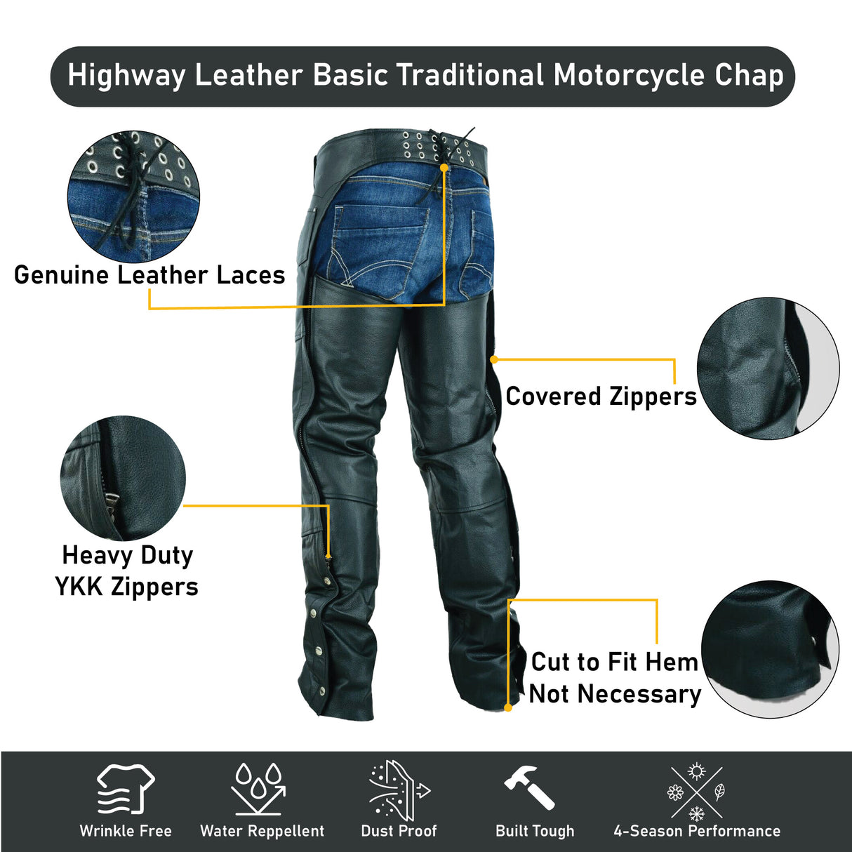 Basic Classic Style Leather Motorcycle Chap for Motorcycle Riding Plain Easy Fit Black