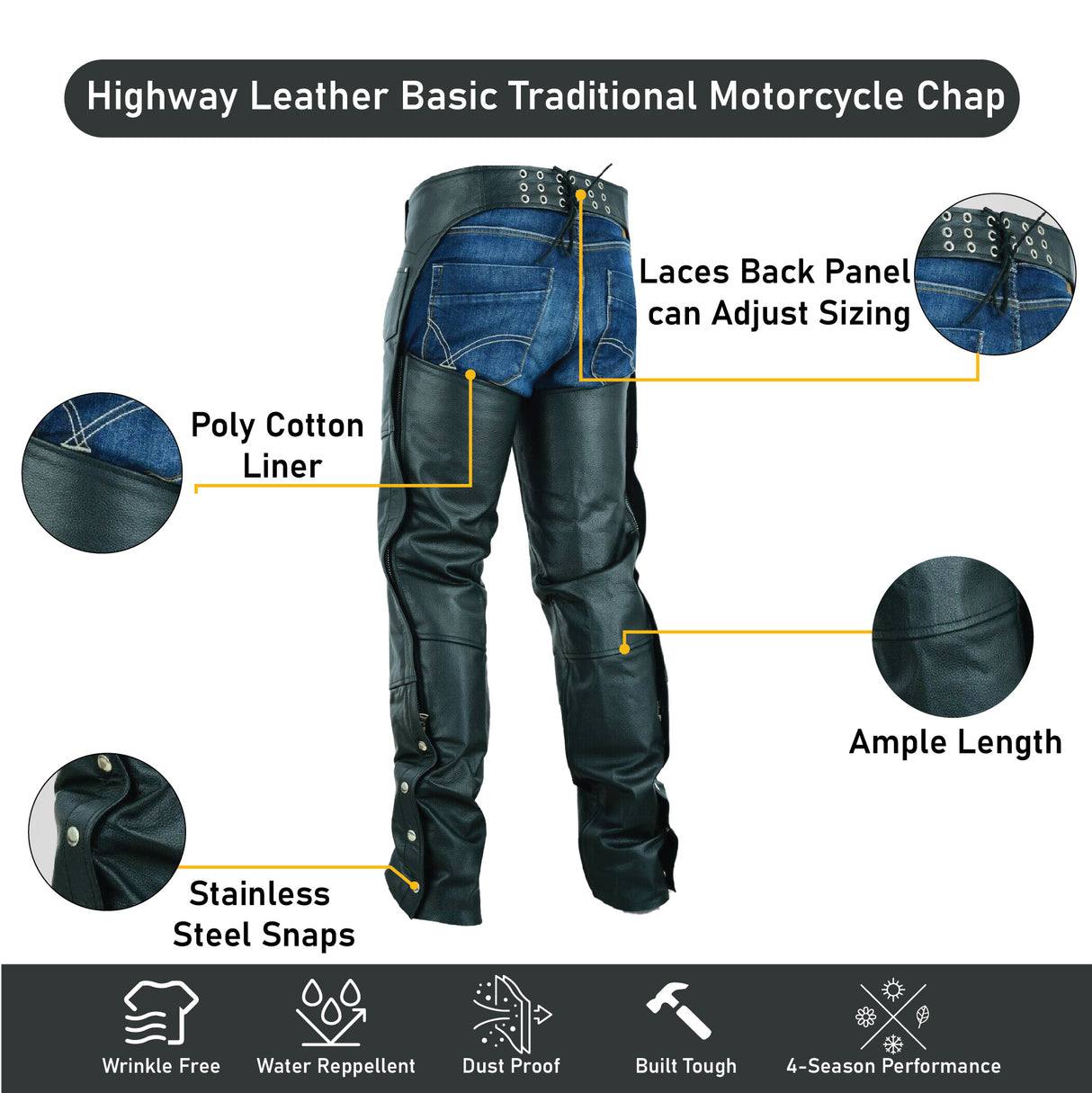 Basic Classic Style Leather Motorcycle Chap for Motorcycle Riding Plain Easy Fit Black