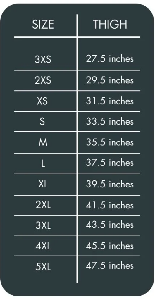 Size chart for motorcycle chaps with thigh measurements for 3XS–5XL