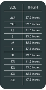 Size chart for motorcycle chaps with thigh measurements for 3XS–5XL
