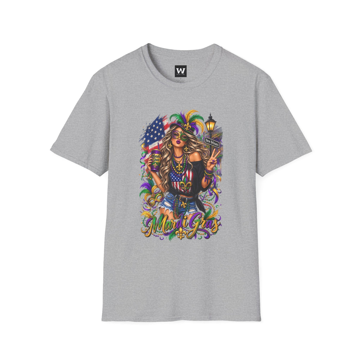 Light gray T-shirt featuring a colorful Mardi Gras queen with American flag graphic on front.
