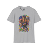 Light gray T-shirt featuring a colorful Mardi Gras queen with American flag graphic on front.