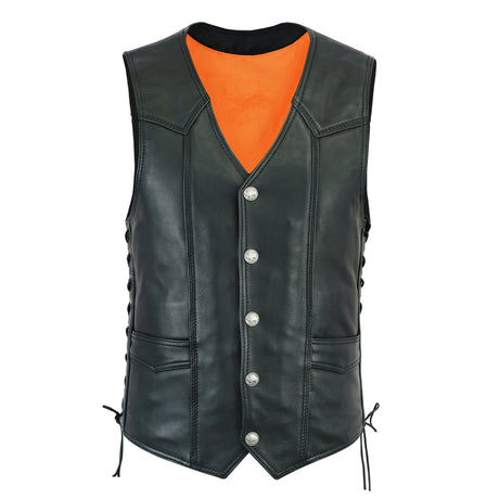 Men’s Classic Cowhide Leather Motorcycle Vest Side Lace with Gun Pockets