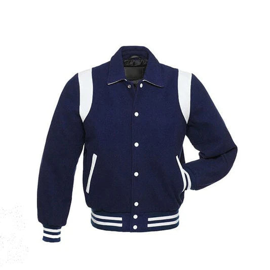 Navy Blue Wool Varsity Jacket With white Shoulder Inserts