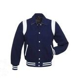 Navy Blue Wool Varsity Jacket With white Shoulder Inserts