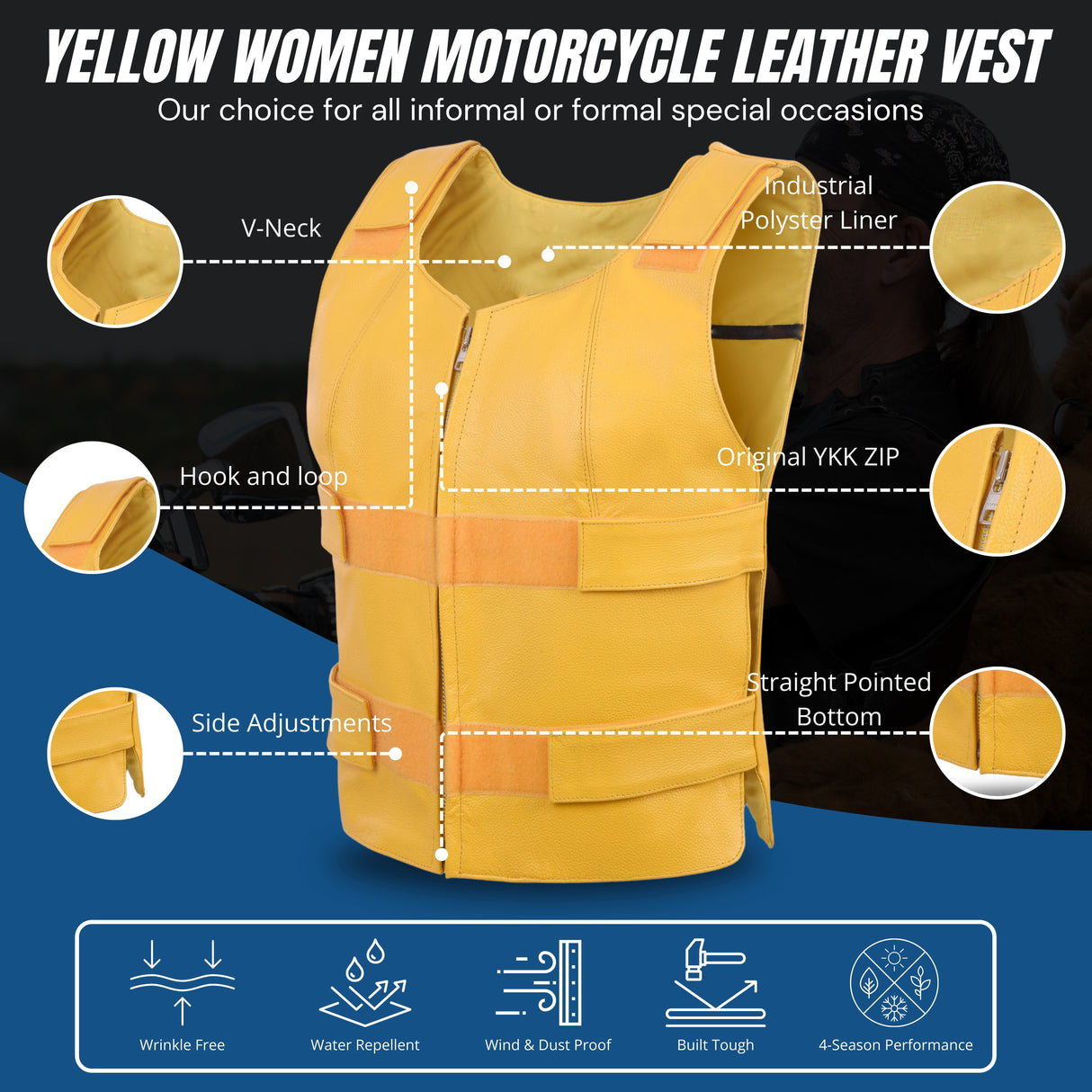 Women Yellow bullet proof style leather vest- for biker club (WCWV54941)