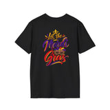 Black Mardi Gras T-shirt with “Let the Mardi Gras” text logo graphic on back.