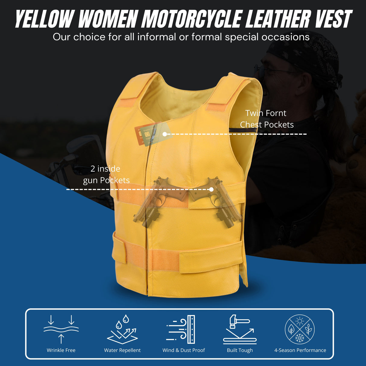 Women Yellow bullet proof style leather vest- for biker club (WCWV54941)
