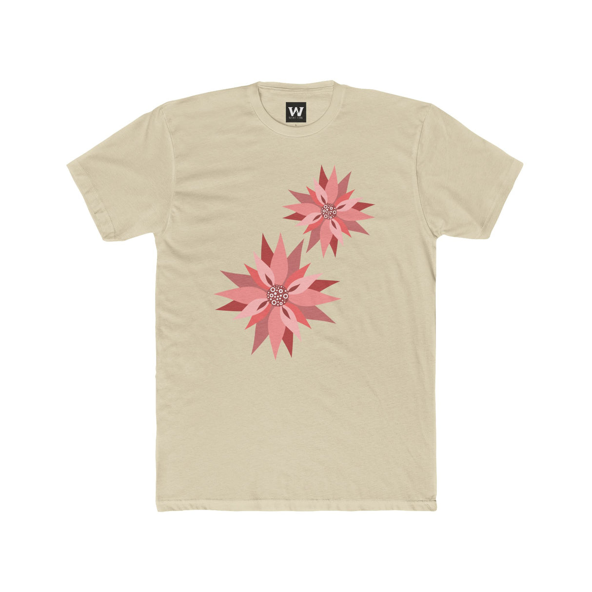 Light tan crew-neck tee with two pink/red floral burst graphics on the front.