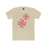 Light tan crew-neck tee with two pink/red floral burst graphics on the front.