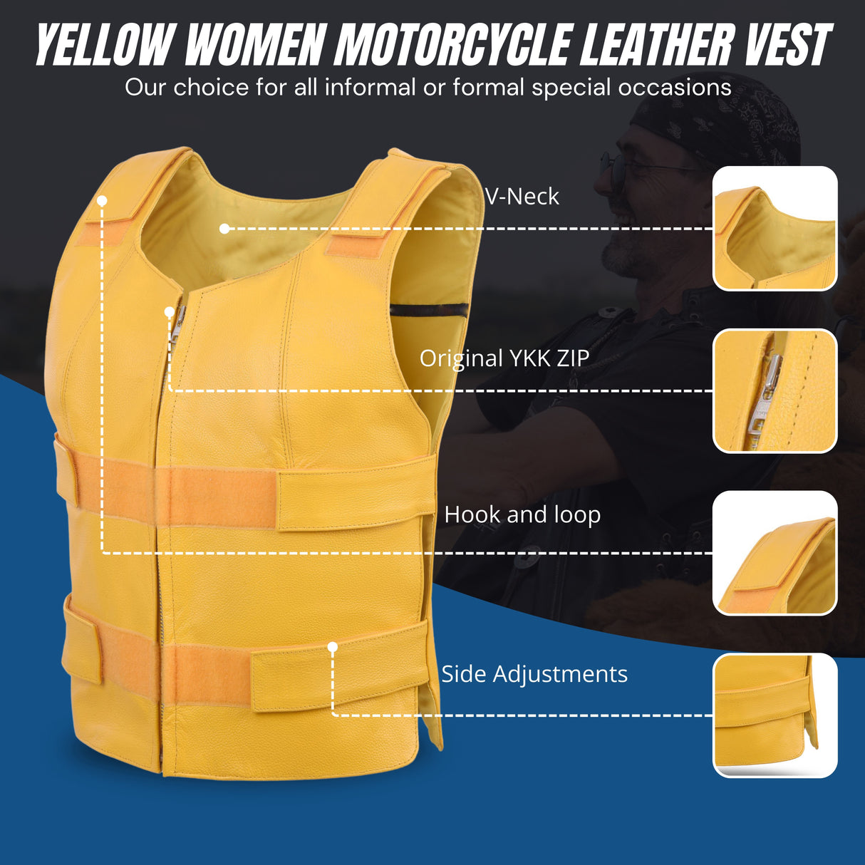 Women Yellow bullet proof style leather vest- for biker club (WCWV54941)