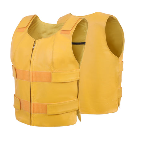 Women Yellow bullet proof style leather vest- for biker club (WCWV54941)