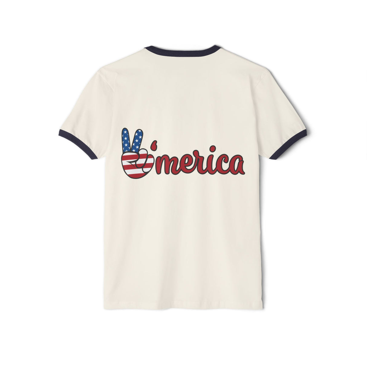 Cream ringer T-shirt with navy trim and red-blue “America” graphic on the front