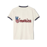 Cream ringer T-shirt with navy trim and red-blue “America” graphic on the front