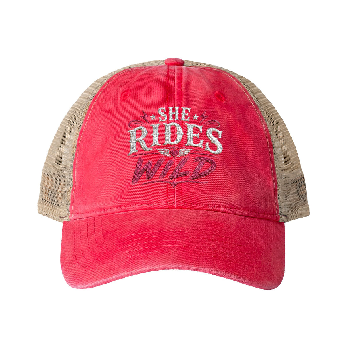 Women's Washed Mesh-Back Cap She Rides Wild Embroidered