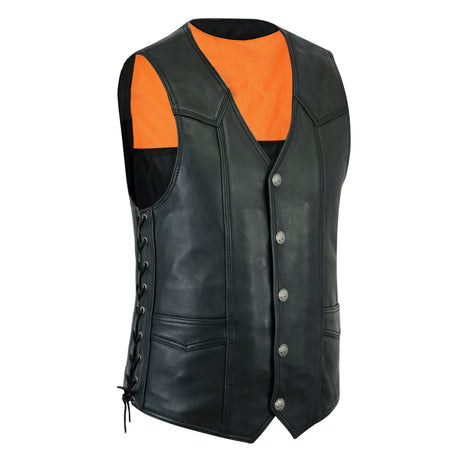 Men’s Classic Cowhide Leather Motorcycle Vest Side Lace with Gun Pockets