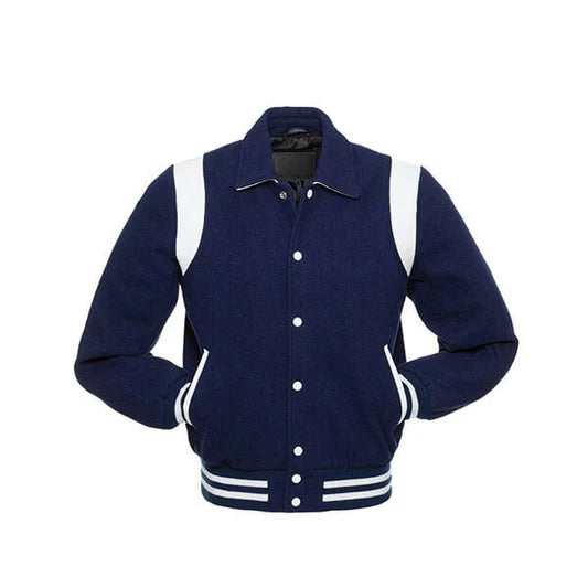 Navy Blue Wool Varsity Jacket With white Shoulder Inserts