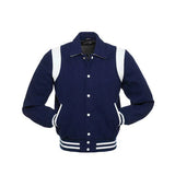 Navy Blue Wool Varsity Jacket With white Shoulder Inserts