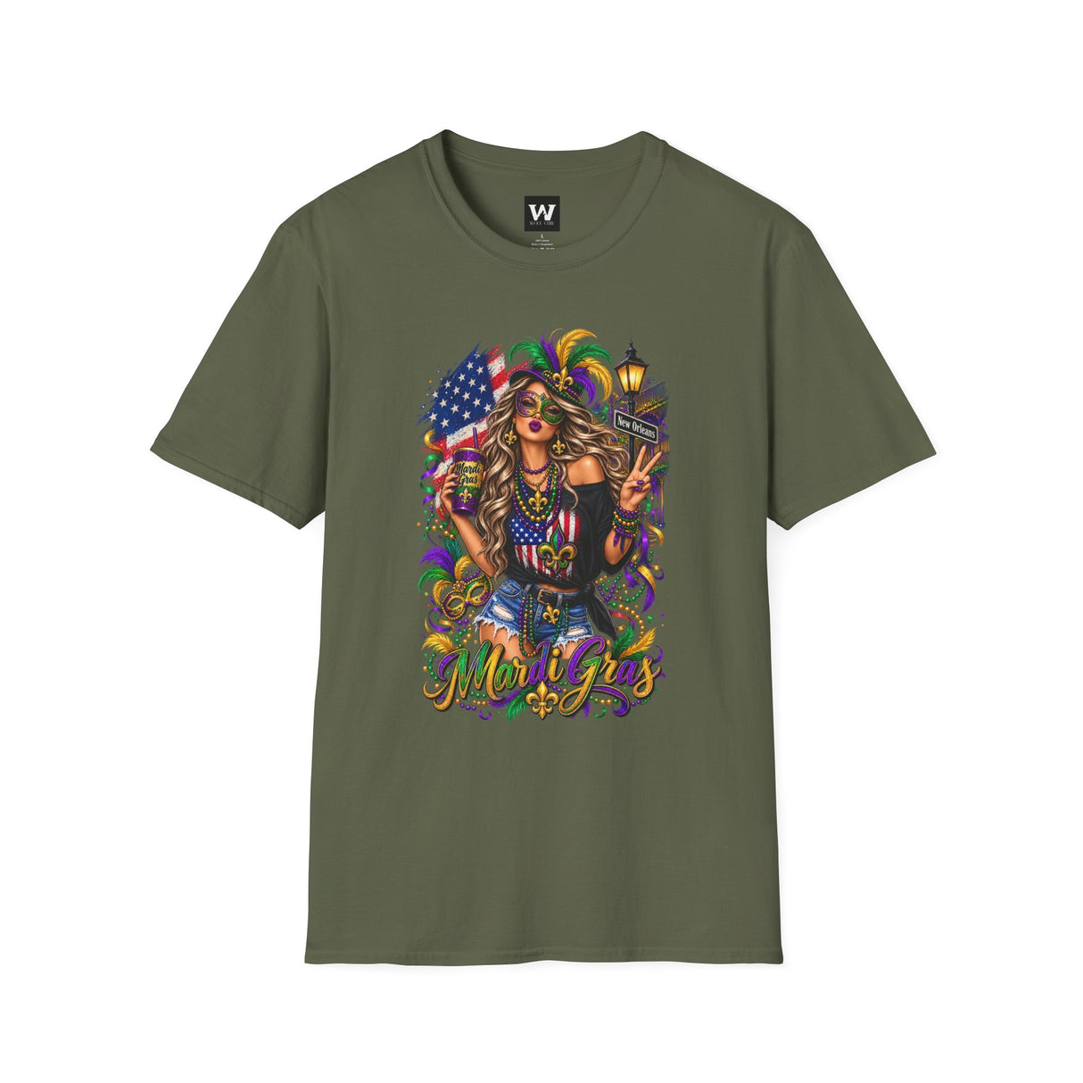 Military green T-shirt with colorful Mardi Gras queen, American flag, and lantern details