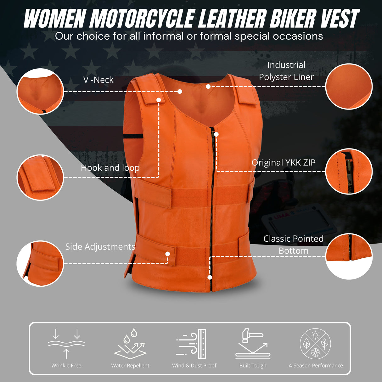 WCWV54941Orange Women Orange Bullet Proof Leather Vest